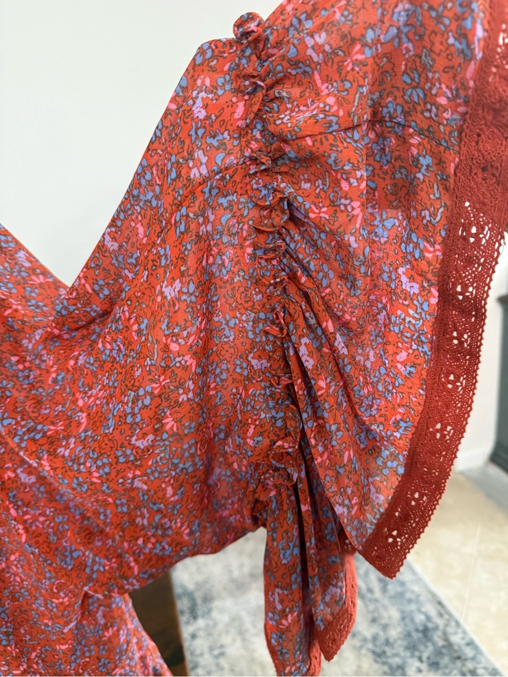 Free People Lola Kimono Floral Bell Sleeve Tassel Tie Cardigan Large - Picture 6 of 7